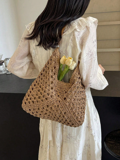 Dedoo Handmade Woven Grandma Plaid Contrast Color Large Capacity Tote Bag, Beach Bag, Perfect For Summer, Vacation And Daily Use,Straw Bag