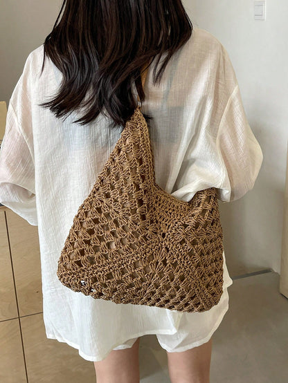 Dedoo Handmade Woven Grandma Plaid Contrast Color Large Capacity Tote Bag, Beach Bag, Perfect For Summer, Vacation And Daily Use,Straw Bag