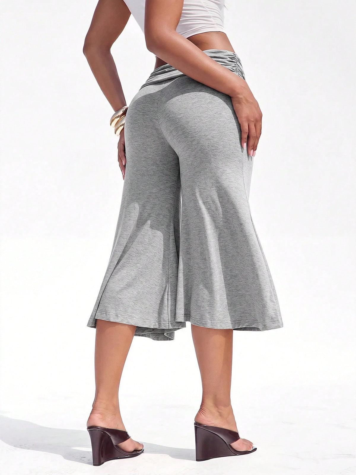 Denimoi Fold Over Waist Guacho Pants Solid Color Culottes Summer Vacation Outfits Y2K Fashionable