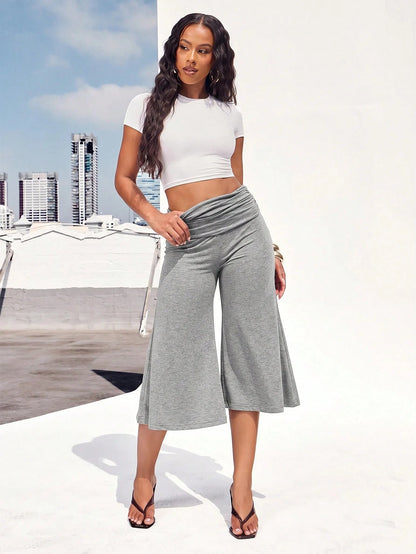 Denimoi Fold Over Waist Guacho Pants Solid Color Culottes Summer Vacation Outfits Y2K Fashionable