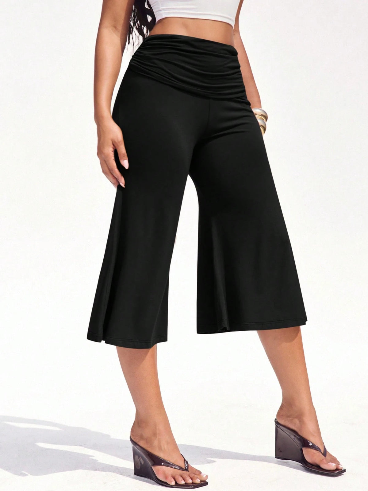 Denimoi Fold Over Waist Guacho Pants Solid Color Culottes Summer Vacation Outfits Y2K Fashionable