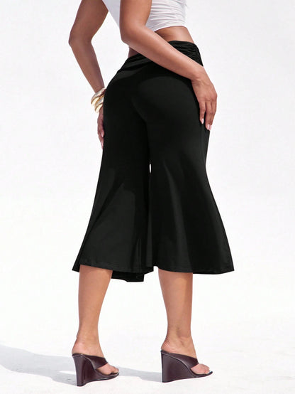 Denimoi Fold Over Waist Guacho Pants Solid Color Culottes Summer Vacation Outfits Y2K Fashionable