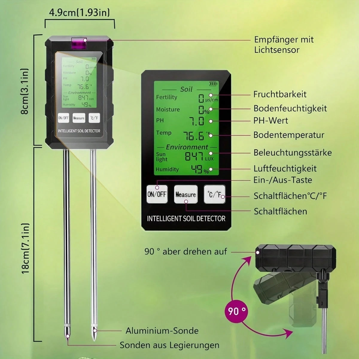 [Digital Soil Tester, 6-In-1] 6-In-1 Digital Soil Tester- Backlit LCD Display, Temperature, Moisture, PH & Sunlight Intensity For Gardening And Farming