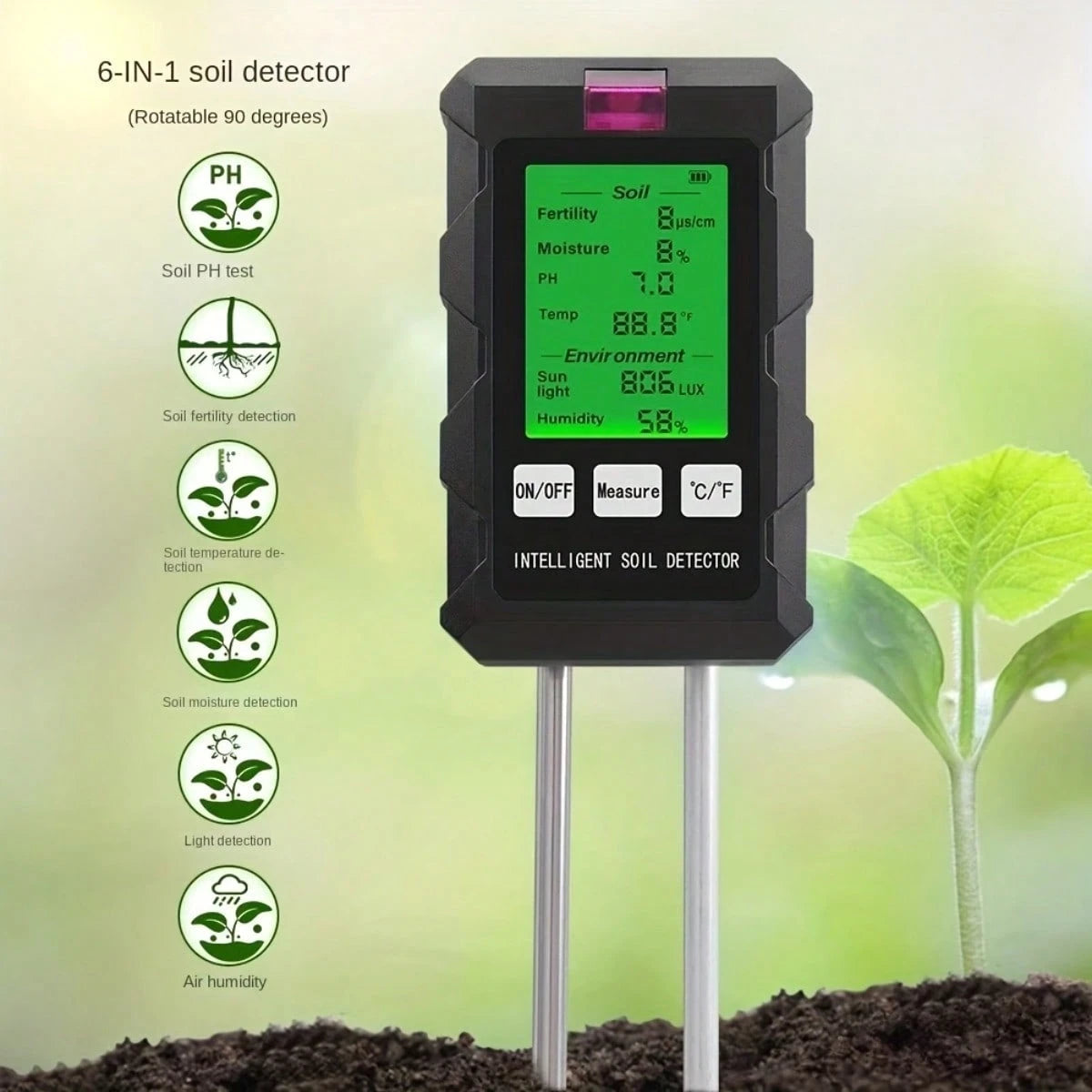 [Digital Soil Tester, 6-In-1] 6-In-1 Digital Soil Tester- Backlit LCD Display, Temperature, Moisture, PH & Sunlight Intensity For Gardening And Farming