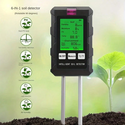 [Digital Soil Tester, 6-In-1] 6-In-1 Digital Soil Tester- Backlit LCD Display, Temperature, Moisture, PH & Sunlight Intensity For Gardening And Farming