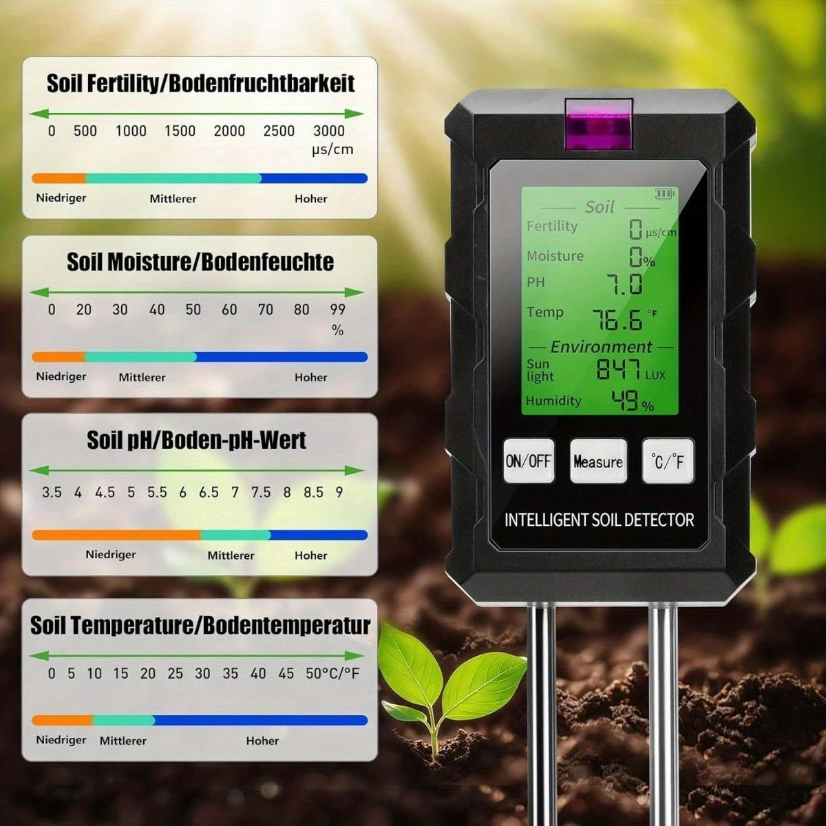[Digital Soil Tester, 6-In-1] 6-In-1 Digital Soil Tester- Backlit LCD Display, Temperature, Moisture, PH & Sunlight Intensity For Gardening And Farming