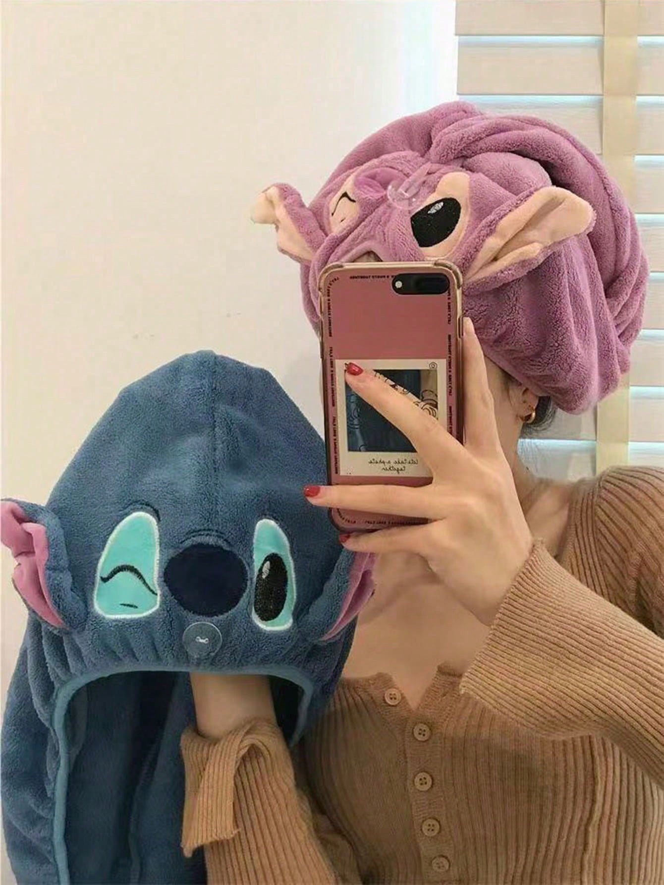 Disney, 1/2pcs, Stitch&Angel Shower Caps, Cute Dry Hair Caps, Fast Drying Microfiber Shower Caps, Thick And Soft Absorbent Towels, Women's Hair Care Accessories, Suitable For Daily Family, Travel, And