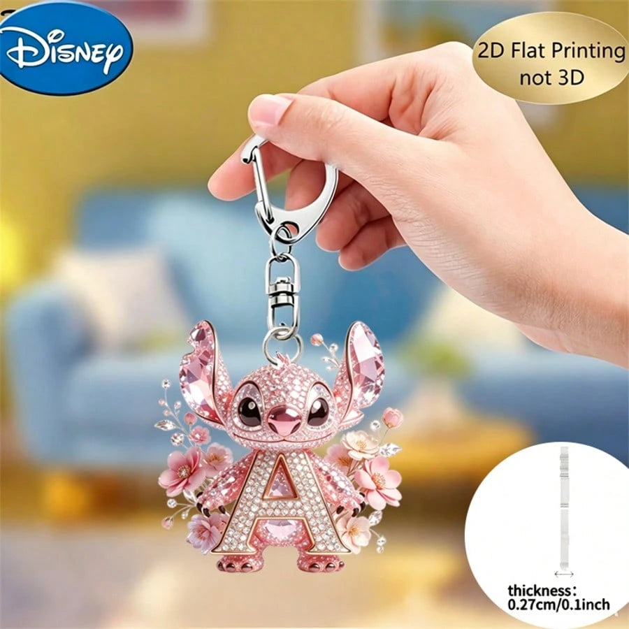 Disney 2D Flat Stitch Shiny Diamond Stitch Pink Floral Letter Cartoon Keychain, Acrylic Keychain, 26 English Letters A-Z Letter Theme Y2K Acrylic Pendant, Creative Bag Charm, Car Keychain, Fashion Key