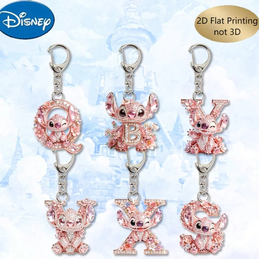 Disney 2D Flat Stitch Shiny Diamond Stitch Pink Floral Letter Cartoon Keychain, Acrylic Keychain, 26 English Letters A-Z Letter Theme Y2K Acrylic Pendant, Creative Bag Charm, Car Keychain, Fashion Key