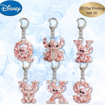 Disney 2D Flat Stitch Shiny Diamond Stitch Pink Floral Letter Cartoon Keychain, Acrylic Keychain, 26 English Letters A-Z Letter Theme Y2K Acrylic Pendant, Creative Bag Charm, Car Keychain, Fashion Key