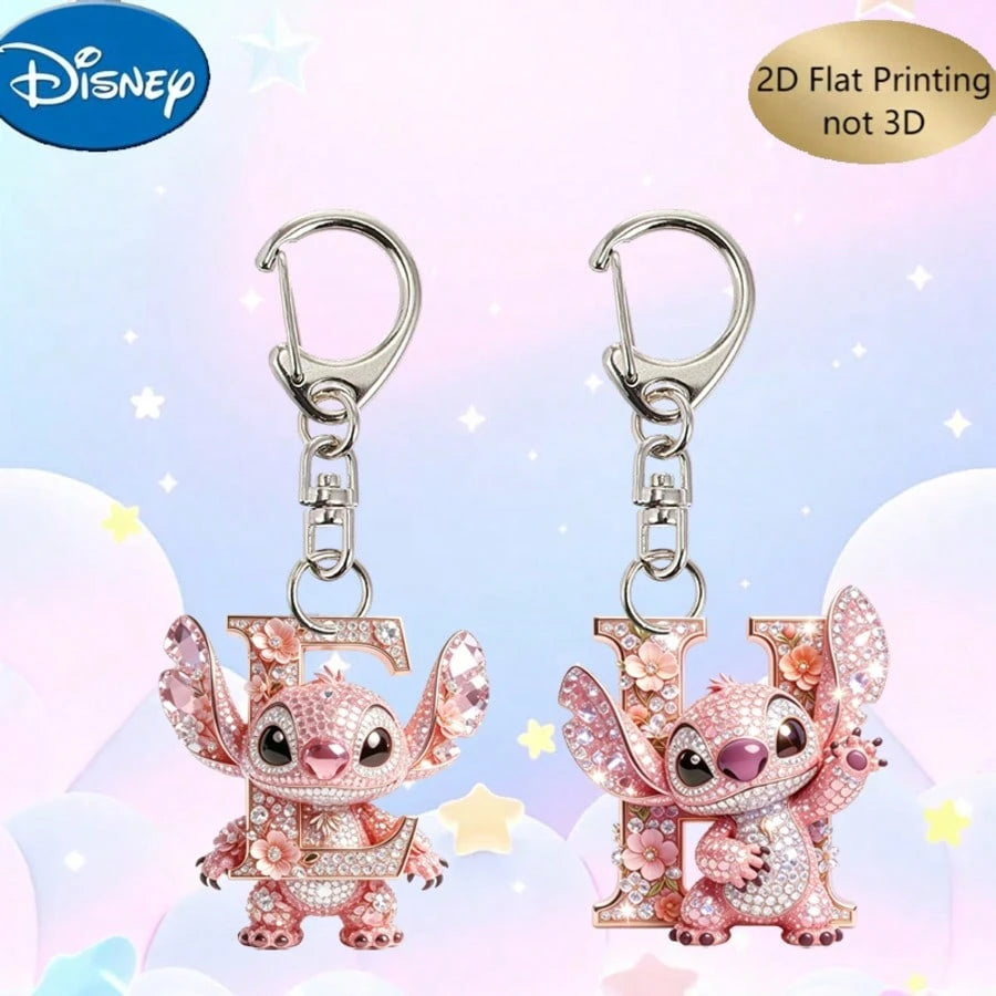 Disney 2D Flat Stitch Shiny Diamond Stitch Pink Floral Letter Cartoon Keychain, Acrylic Keychain, 26 English Letters A-Z Letter Theme Y2K Acrylic Pendant, Creative Bag Charm, Car Keychain, Fashion Key
