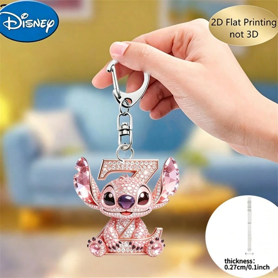 Disney 2D Flat Stitch Shiny Diamond Stitch Pink Floral Letter Cartoon Keychain, Acrylic Keychain, 26 English Letters A-Z Letter Theme Y2K Acrylic Pendant, Creative Bag Charm, Car Keychain, Fashion Key