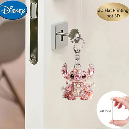 Disney 2D Flat Stitch Shiny Diamond Stitch Pink Floral Letter Cartoon Keychain, Acrylic Keychain, 26 English Letters A-Z Letter Theme Y2K Acrylic Pendant, Creative Bag Charm, Car Keychain, Fashion Key