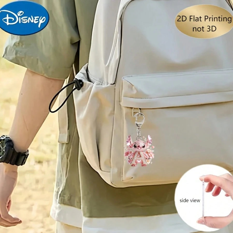 Disney 2D Flat Stitch Shiny Diamond Stitch Pink Floral Letter Cartoon Keychain, Acrylic Keychain, 26 English Letters A-Z Letter Theme Y2K Acrylic Pendant, Creative Bag Charm, Car Keychain, Fashion Key