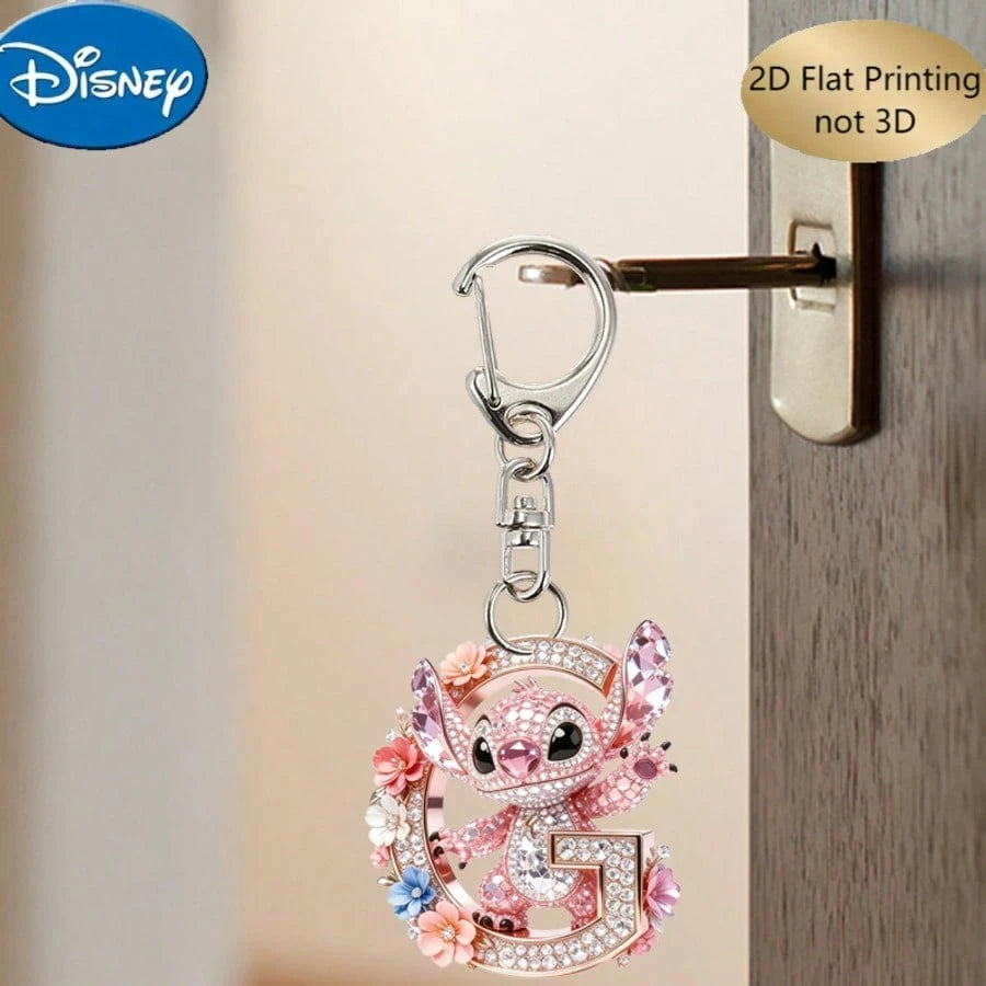 Disney 2D Flat Stitch Shiny Diamond Stitch Pink Floral Letter Cartoon Keychain, Acrylic Keychain, 26 English Letters A-Z Letter Theme Y2K Acrylic Pendant, Creative Bag Charm, Car Keychain, Fashion Key