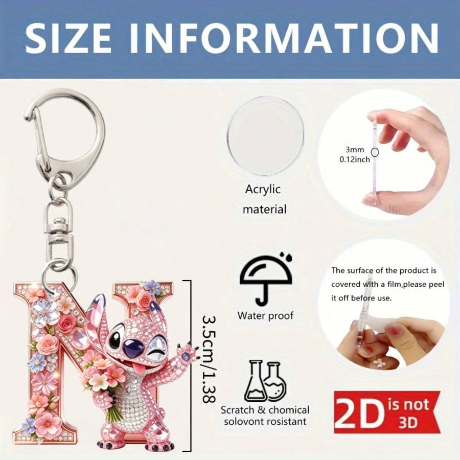 Disney 2D Flat Stitch Shiny Diamond Stitch Pink Floral Letter Cartoon Keychain, Acrylic Keychain, 26 English Letters A-Z Letter Theme Y2K Acrylic Pendant, Creative Bag Charm, Car Keychain, Fashion Key