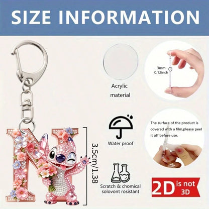 Disney 2D Flat Stitch Shiny Diamond Stitch Pink Floral Letter Cartoon Keychain, Acrylic Keychain, 26 English Letters A-Z Letter Theme Y2K Acrylic Pendant, Creative Bag Charm, Car Keychain, Fashion Key
