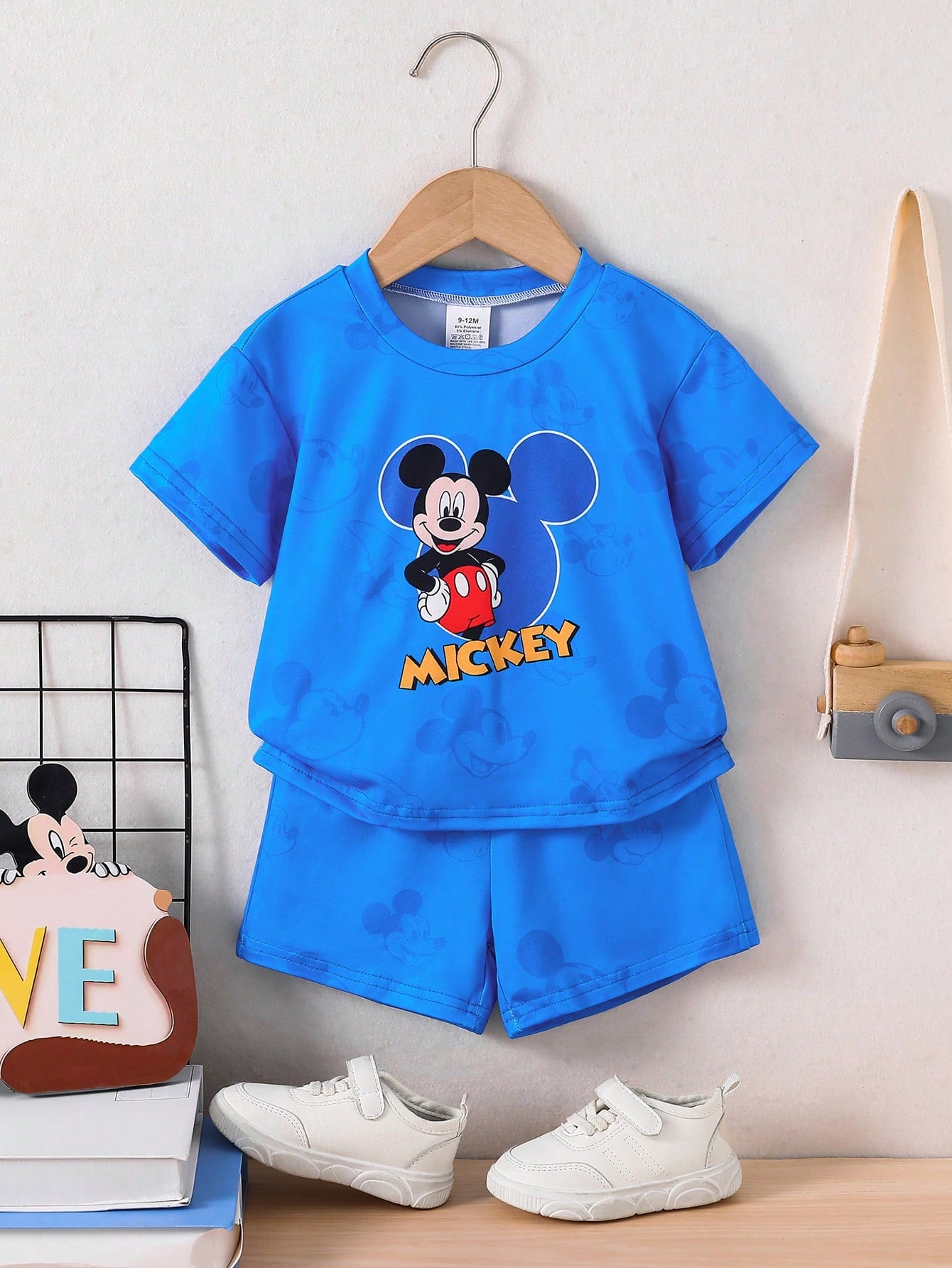 Disney 2pcs Mickey Mouse Baby Boys' Casual Shorts Set, Includes Short Sleeve T-Shirt With Cartoon Print And Elastic Waist Solid Color Shorts, Comfortable, Breathable, Fashionable Daily Outfit, Great G