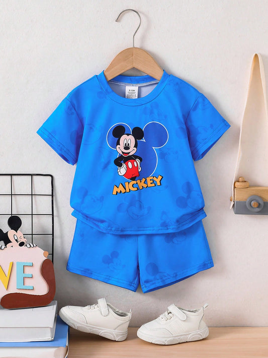 Disney 2pcs Mickey Mouse Baby Boys' Casual Shorts Set, Includes Short Sleeve T-Shirt With Cartoon Print And Elastic Waist Solid Color Shorts, Comfortable, Breathable, Fashionable Daily Outfit, Great G