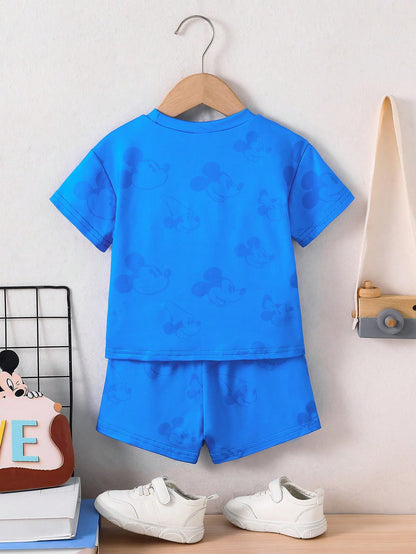 Disney 2pcs Mickey Mouse Baby Boys' Casual Shorts Set, Includes Short Sleeve T-Shirt With Cartoon Print And Elastic Waist Solid Color Shorts, Comfortable, Breathable, Fashionable Daily Outfit, Great G