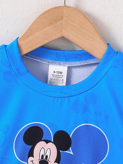 Disney 2pcs Mickey Mouse Baby Boys' Casual Shorts Set, Includes Short Sleeve T-Shirt With Cartoon Print And Elastic Waist Solid Color Shorts, Comfortable, Breathable, Fashionable Daily Outfit, Great G