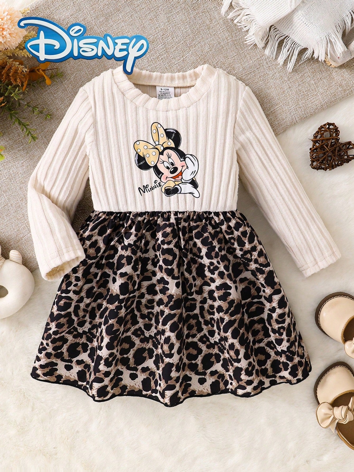 Disney Mickey Mouse Autumn/Winter Leopard Print Long Sleeve Dress With Minnie Mouse Cute Cartoon Pattern, Slightly Stretchy, Suitable For Girls' Daily Wear, Great Gift