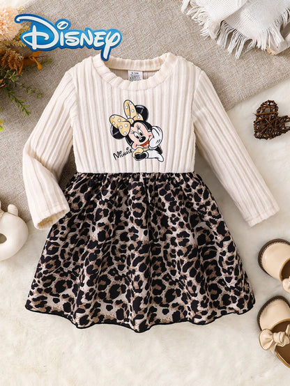 Disney Mickey Mouse Autumn/Winter Leopard Print Long Sleeve Dress With Minnie Mouse Cute Cartoon Pattern, Slightly Stretchy, Suitable For Girls' Daily Wear, Great Gift