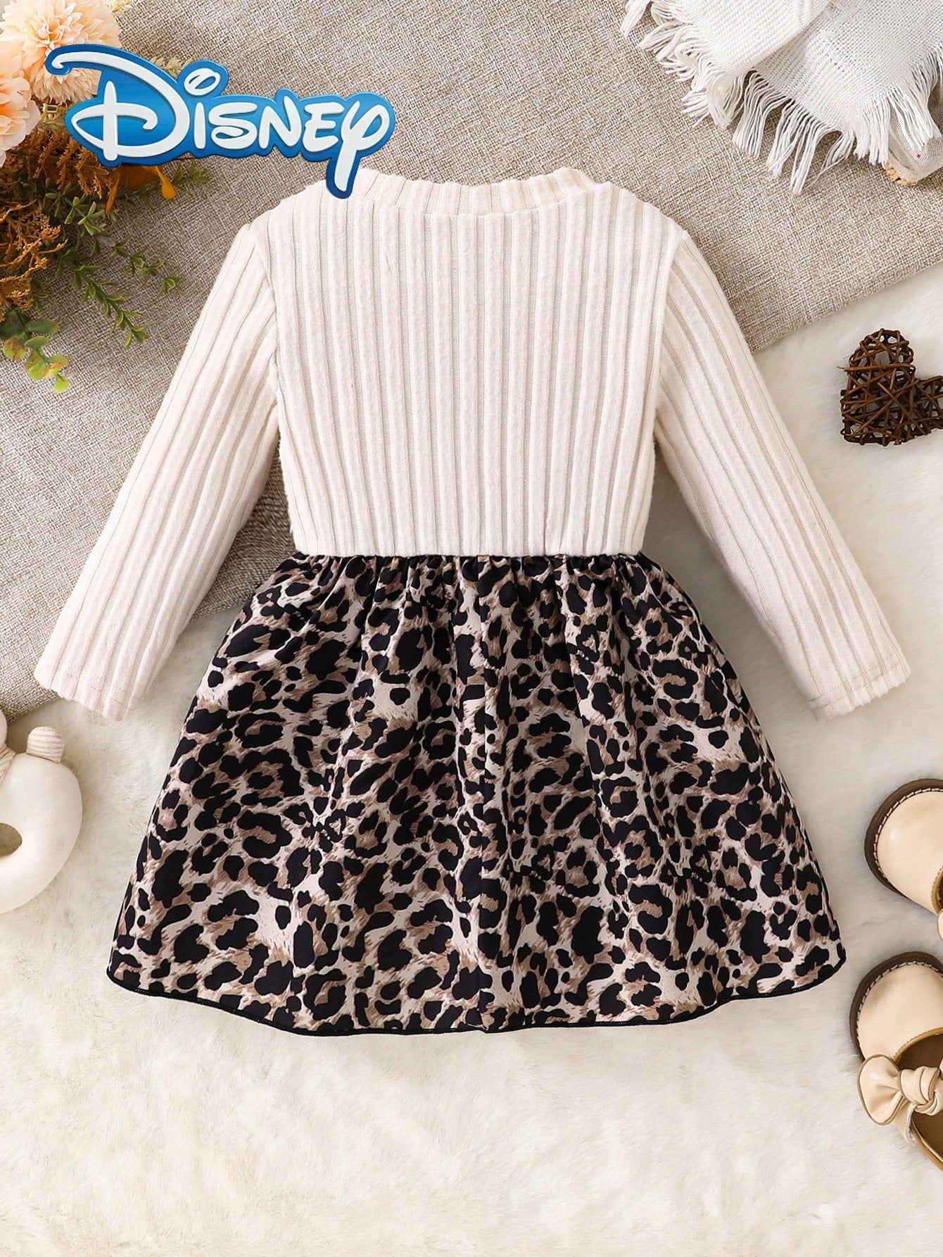 Disney Mickey Mouse Autumn/Winter Leopard Print Long Sleeve Dress With Minnie Mouse Cute Cartoon Pattern, Slightly Stretchy, Suitable For Girls' Daily Wear, Great Gift