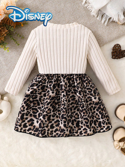 Disney Mickey Mouse Autumn/Winter Leopard Print Long Sleeve Dress With Minnie Mouse Cute Cartoon Pattern, Slightly Stretchy, Suitable For Girls' Daily Wear, Great Gift