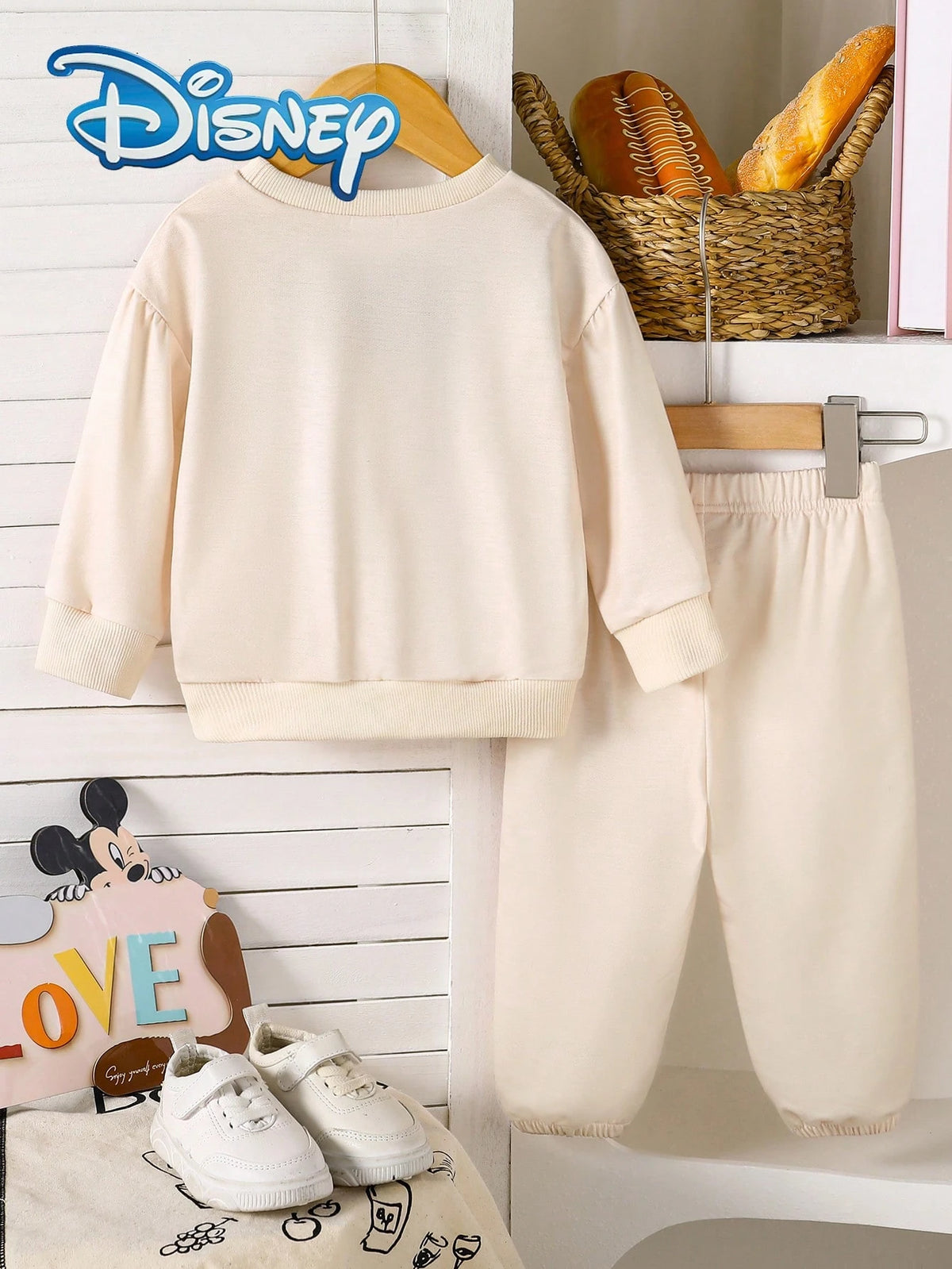 Disney Minnie & Mickey Mouse 2Pcs Spring/Autumn Long Pants Set, Cartoon "MinnieMouse" Cute Print Long Sleeve Top, Elastic Waist Cartoon "MickeyMouse" Print Slightly Stretchy Long Pants, Baby Girl Dail