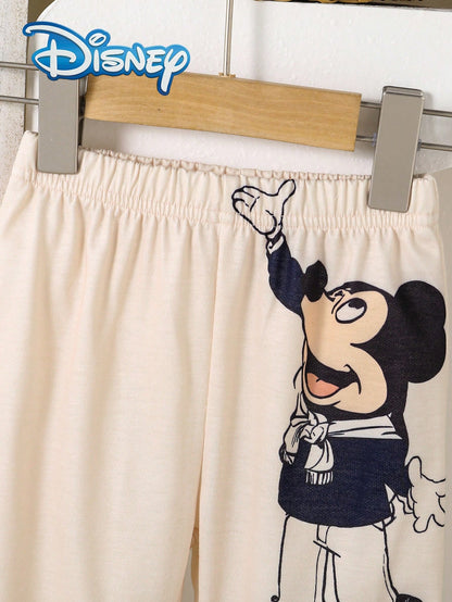 Disney Minnie & Mickey Mouse 2Pcs Spring/Autumn Long Pants Set, Cartoon "MinnieMouse" Cute Print Long Sleeve Top, Elastic Waist Cartoon "MickeyMouse" Print Slightly Stretchy Long Pants, Baby Girl Dail