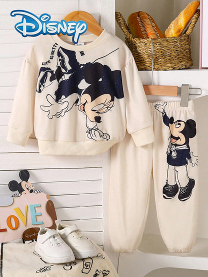 Disney Minnie & Mickey Mouse 2Pcs Spring/Autumn Long Pants Set, Cartoon "MinnieMouse" Cute Print Long Sleeve Top, Elastic Waist Cartoon "MickeyMouse" Print Slightly Stretchy Long Pants, Baby Girl Dail