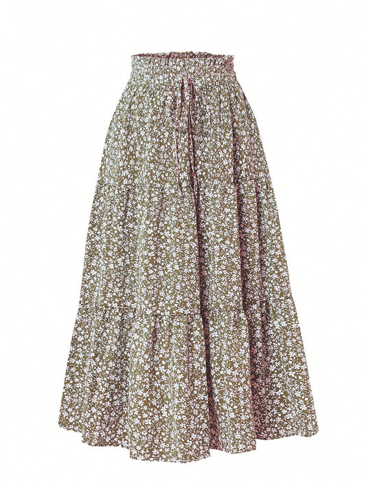Ditsy Floral Layered Ruffle Elastic Waist Vacation Skirt Spring