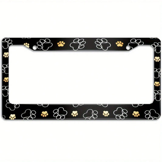 Dog Paw Print License Plate Frame- 2-Hole Aluminum Car Tag Holder With Screw Covers, Black And Gold Paw Design, Unisex, Car Accessory| Fun Accessories| Durable Metal Frame, Dog Accessories