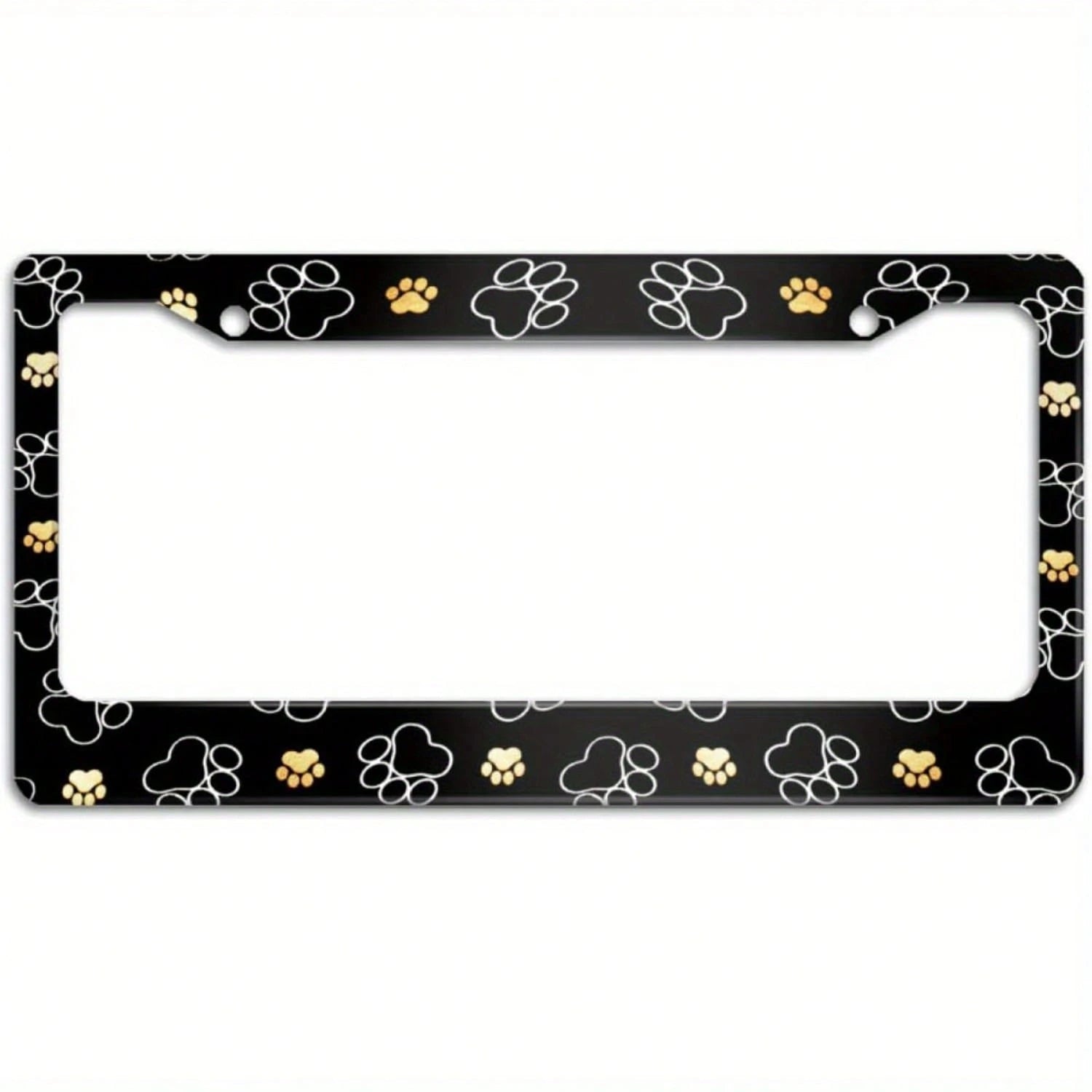 Dog Paw Print License Plate Frame- 2-Hole Aluminum Car Tag Holder With Screw Covers, Black And Gold Paw Design, Unisex, Car Accessory| Fun Accessories| Durable Metal Frame, Dog Accessories