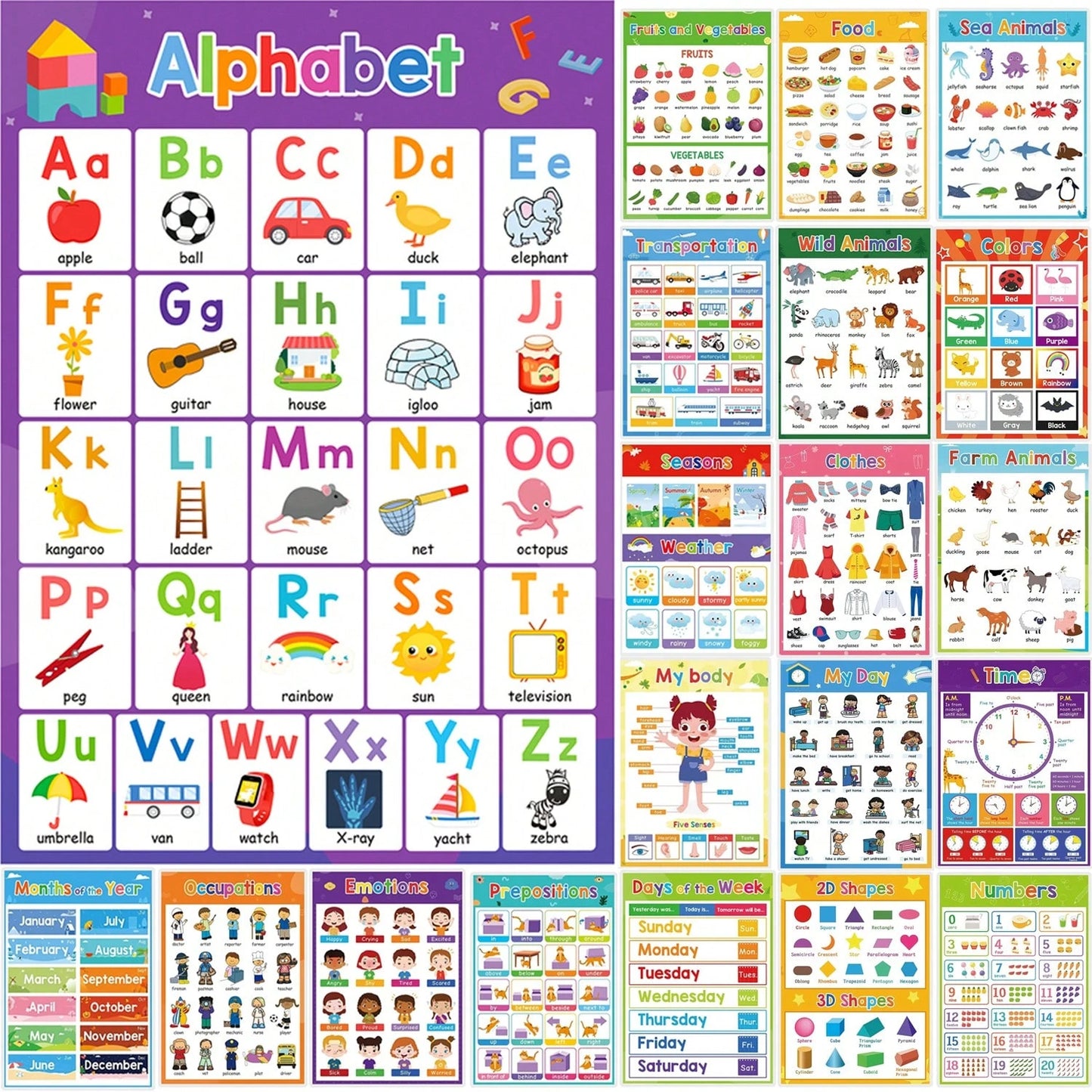 DORESS 20 Laminated Educational Posters For Kids, ABC Alphabet Numbers Learning Wall Charts For Preschool Pre-K Kindergarten Classroom Homeschool Supplies