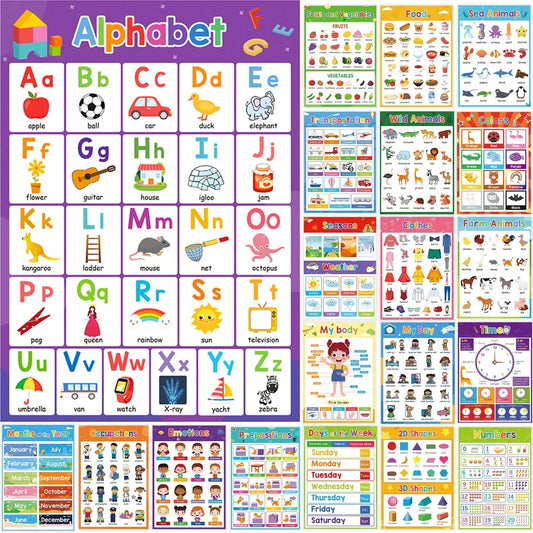 DORESS 20 Laminated Educational Posters For Kids, ABC Alphabet Numbers Learning Wall Charts For Preschool Pre-K Kindergarten Classroom Homeschool Supplies