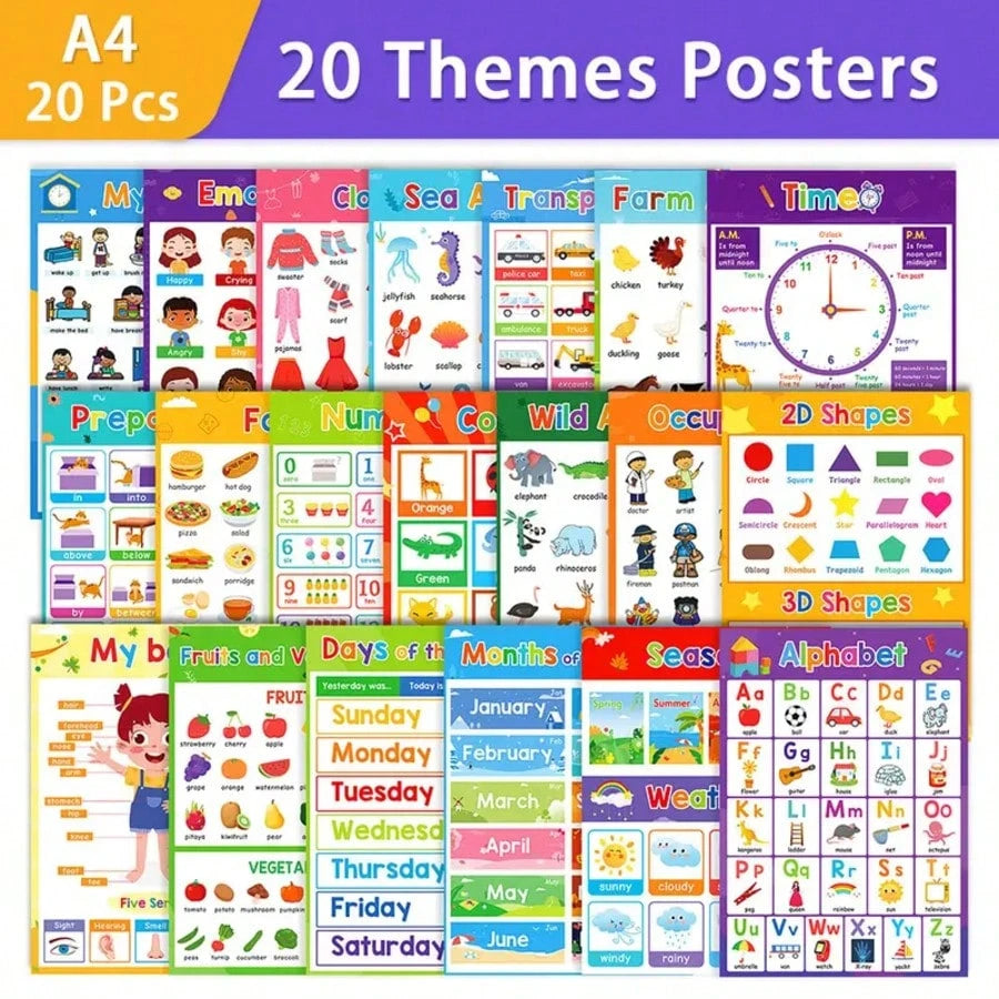 DORESS 20 Laminated Educational Posters For Kids, ABC Alphabet Numbers Learning Wall Charts For Preschool Pre-K Kindergarten Classroom Homeschool Supplies