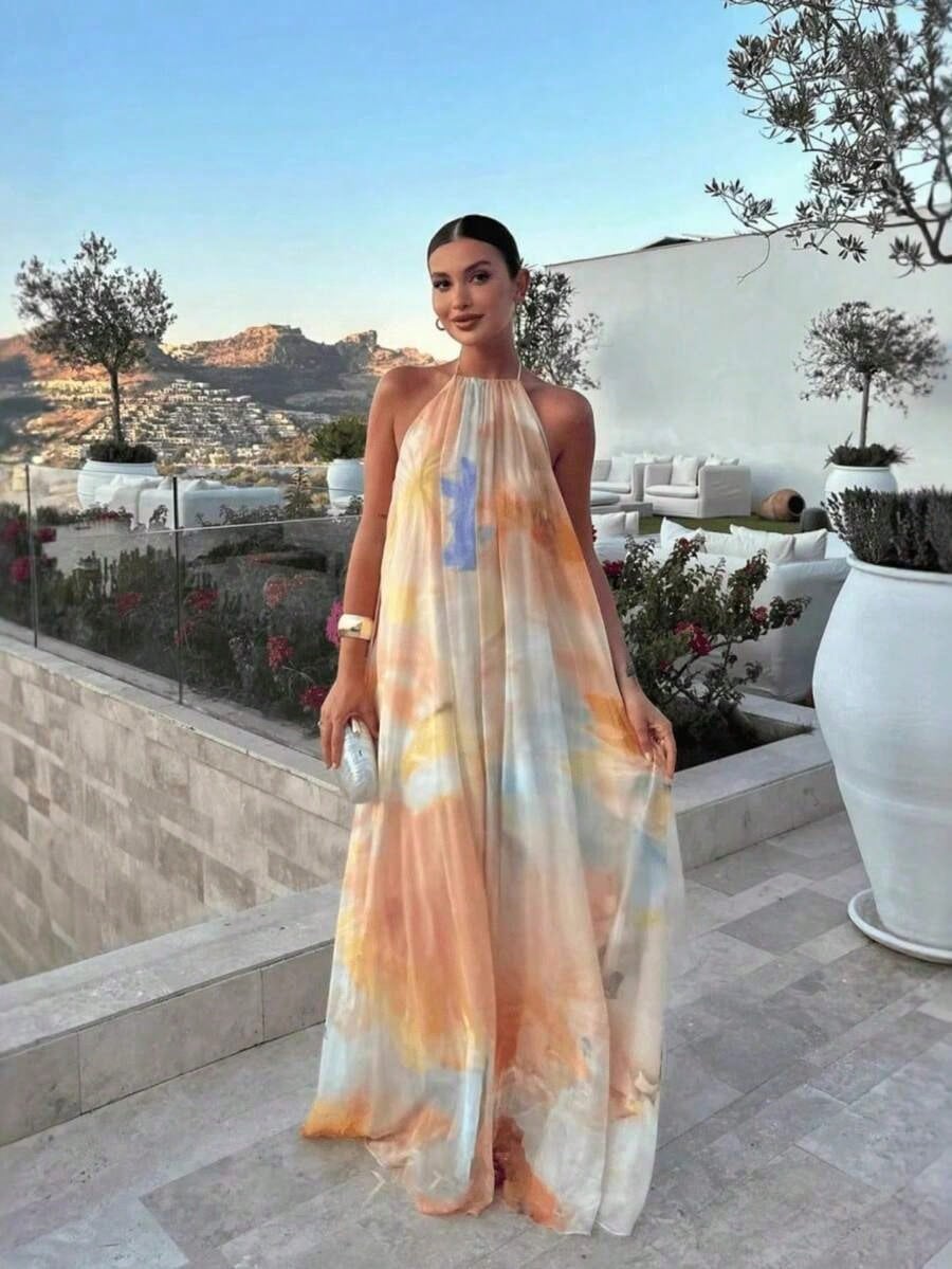 Dresses For WomenVacation Fits Halter Sleeveless Long Dress Watercolor Print Halter Neck Maxi Dress – Sleeveless Flowy Chiffon Backless Gown For Beac
