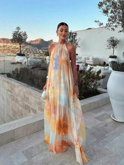 Dresses For WomenVacation Fits Halter Sleeveless Long Dress Watercolor Print Halter Neck Maxi Dress – Sleeveless Flowy Chiffon Backless Gown For Beac