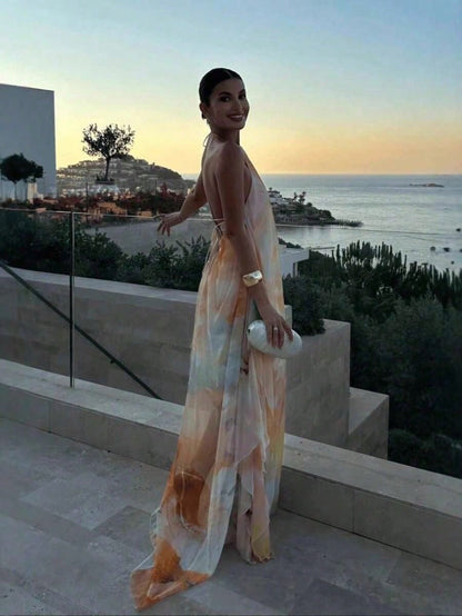 Dresses For WomenVacation Fits Halter Sleeveless Long Dress Watercolor Print Halter Neck Maxi Dress – Sleeveless Flowy Chiffon Backless Gown For Beac