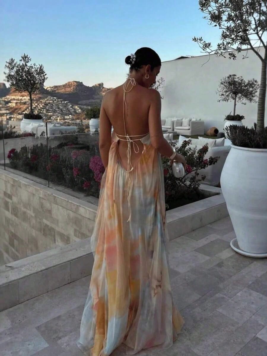 Dresses For WomenVacation Fits Halter Sleeveless Long Dress Watercolor Print Halter Neck Maxi Dress – Sleeveless Flowy Chiffon Backless Gown For Beac