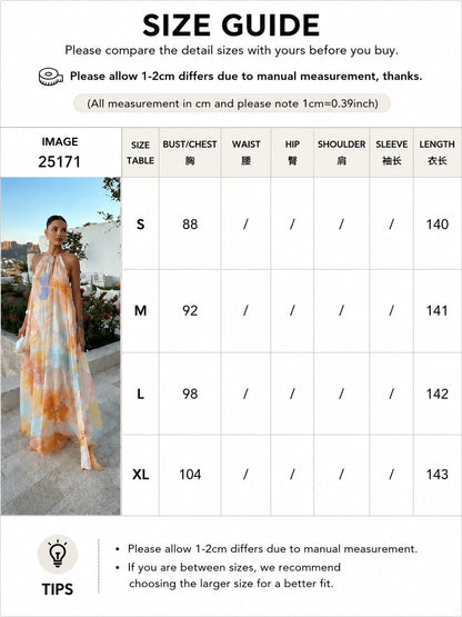 Dresses For WomenVacation Fits Halter Sleeveless Long Dress Watercolor Print Halter Neck Maxi Dress – Sleeveless Flowy Chiffon Backless Gown For Beac