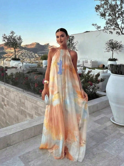 Dresses For WomenVacation Fits Halter Sleeveless Long Dress Watercolor Print Halter Neck Maxi Dress – Sleeveless Flowy Chiffon Backless Gown For Beac