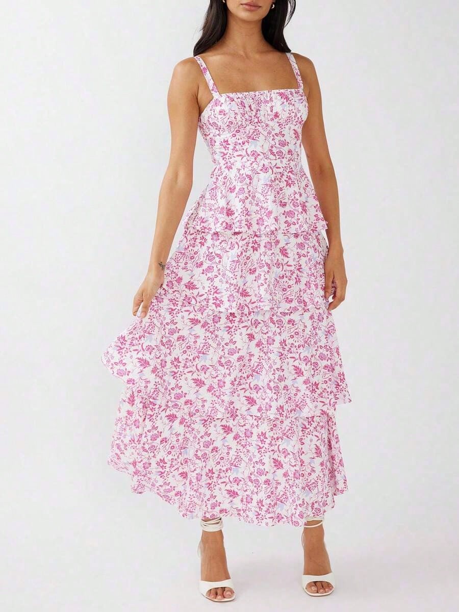 Dresses For WomenWomen Summer Spaghetti Strap Tiered Ruffle Dress Casual Sleeveless Floral Layered Maxi Dress For Women Beach SundressLoose And Comfo