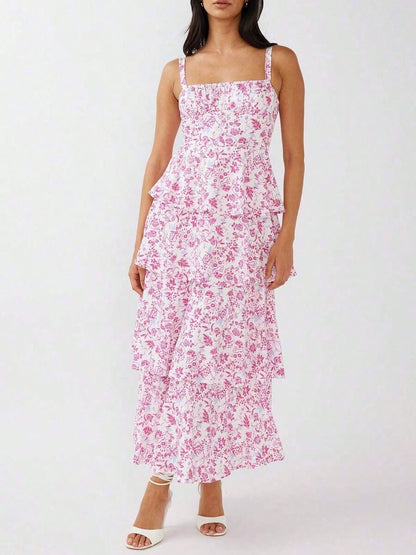 Dresses For WomenWomen Summer Spaghetti Strap Tiered Ruffle Dress Casual Sleeveless Floral Layered Maxi Dress For Women Beach SundressLoose And Comfo