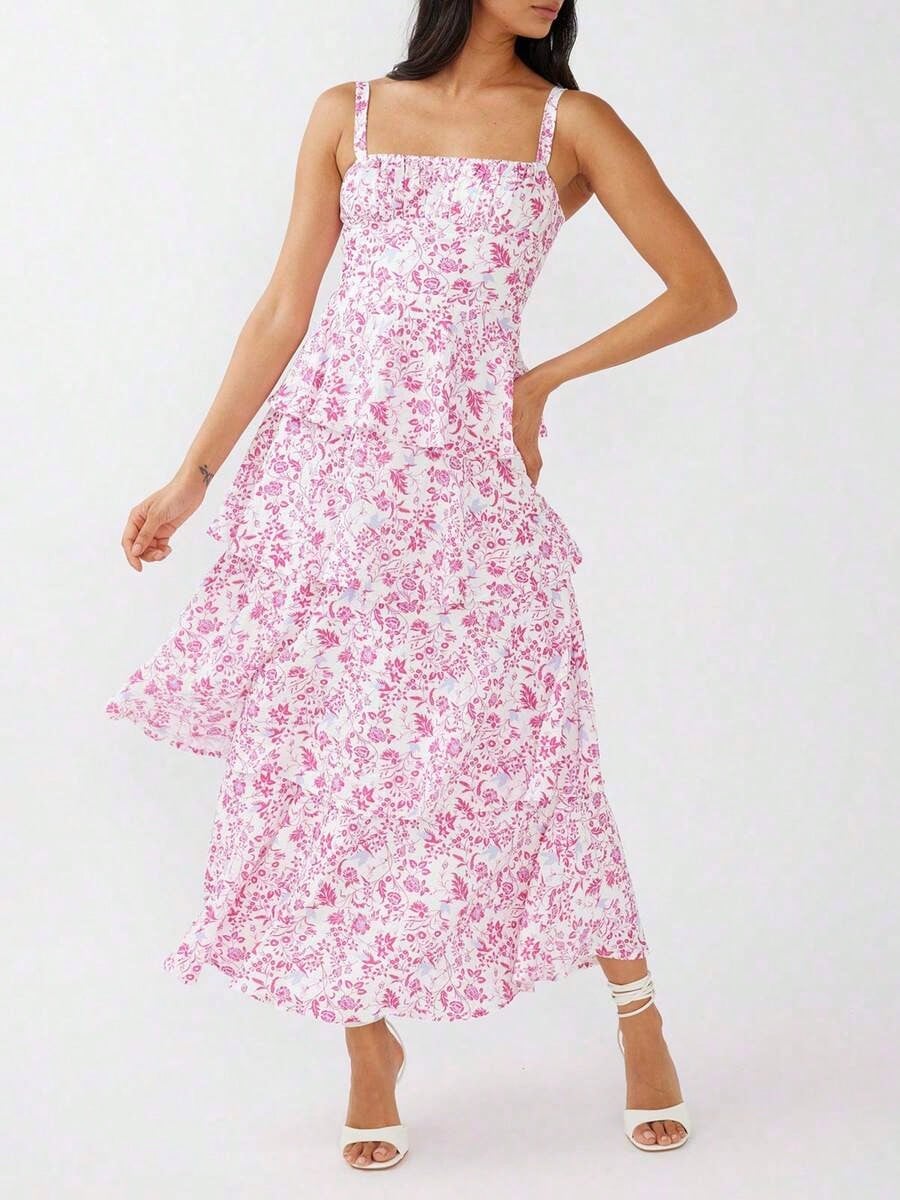 Dresses For WomenWomen Summer Spaghetti Strap Tiered Ruffle Dress Casual Sleeveless Floral Layered Maxi Dress For Women Beach SundressLoose And Comfo
