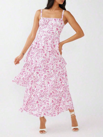 Dresses For WomenWomen Summer Spaghetti Strap Tiered Ruffle Dress Casual Sleeveless Floral Layered Maxi Dress For Women Beach SundressLoose And Comfo