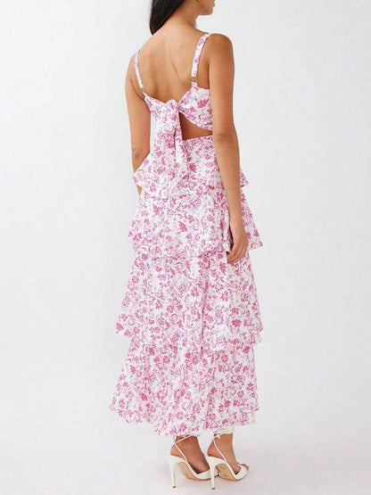 Dresses For WomenWomen Summer Spaghetti Strap Tiered Ruffle Dress Casual Sleeveless Floral Layered Maxi Dress For Women Beach SundressLoose And Comfo