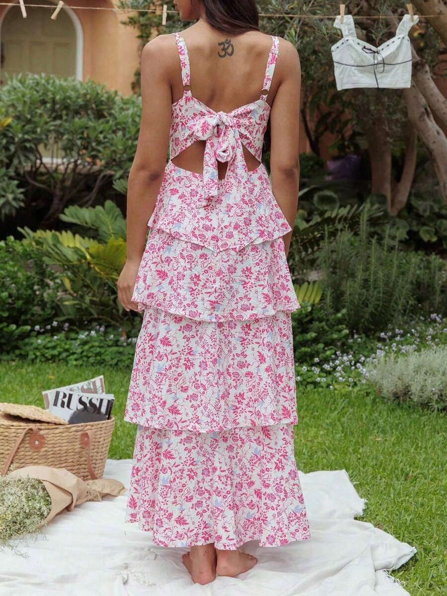 Dresses For WomenWomen Summer Spaghetti Strap Tiered Ruffle Dress Casual Sleeveless Floral Layered Maxi Dress For Women Beach SundressLoose And Comfo